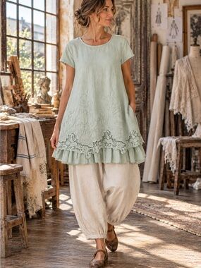 Indigo Thread Co Mint Green Tunic S Blouse Eiro Lagenlook Romantic NWT
